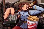  1girl alcohol beer beer_bottle bird bottle brown_eyes brown_hair chicken controller drinking gun hat highres holding holding_bottle holding_remote_control long_hair meme military_uniform one_eye_closed ponytail remote_control sidelocks tanuki_kobayashi watching_television weapon 