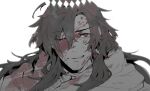  1boy alternate_eye_color black_hair blood blood_on_clothes blood_on_face cloak constantine_xi_(fate) earrings fate/grand_order fate_(series) furrowed_brow grin hair_between_eyes halo jewelry long_hair looking_at_viewer male_focus nukaduke000 one_eye_closed partially_colored portrait red_eyes side_part simple_background smile solo torn_cloak torn_clothes white_background white_cloak 