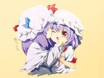  blush capelet closed_eyes dress hand_on_another's_cheek hand_on_another's_face hat hat_ribbon lefthand licking multiple_girls one_eye_closed open_mouth patchouli_knowledge purple_hair red_eyes remilia_scarlet ribbon touhou upper_body yuri 