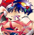  2boys artist_request blue_eyes blue_hair candy candy_cane christmas hat kamina male male_focus multiple_boys red_eye red_eyes ribbon ribbons santa_hat simon tengen_toppa_gurren_lagann wink yaoi 