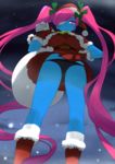  blue_skin long_hair looking_at_viewer original pink_hair purple_eyes santa_costume sharekoube snow solo twintails upskirt very_long_hair zombie zoni-ko 