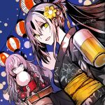  2girls alcohol alternate_costume beer black_hair black_kimono blue_eyes breasts cotton_candy cup eating fate/grand_order fate_(series) feather_hair_ornament feathers flower food hair_between_eyes hair_flower hair_ornament high_ponytail highres holding holding_cotton_candy holding_food japanese_clothes kimono long_hair long_sleeves looking_at_viewer medium_breasts mug multicolored_hair multiple_girls nagao_kagetora_(fate) obi open_mouth ponytail rioka_(southern_blue_sky) saika_magoichi_(fate) sash sidelocks small_breasts smile two-tone_hair uesugi_kenshin_(fate) uesugi_kenshin_(first_ascension)_(fate) very_long_hair white_hair wide_sleeves yellow_eyes 