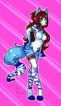  blue_markings breasts canine commission cute dog female garter ginger green_eyes hair hand_on_hip hiddenwolf long_hair mammal markings nipples nude pattern_background pink_background plain_background red_hair ruffles stripes thigh-band 