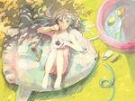  aqua_hair bad_id bad_pixiv_id barefoot bracelet chopsticks dappled_sunlight eating feet fish from_above grass hatsune_miku hose jewelry keipomjp knees_on_chest long_hair lying on_back rubber_duck sandals shade solo spring_onion sunfish sunlight vocaloid wading_pool wasabi water 