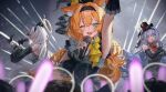 3girls absurdres animal_ear_fluff animal_ears arm_up betabeet blue_archive blue_eyes blue_hair blue_wings blurry blush cat_ears cat_girl depth_of_field dress feathered_wings glowstick green_eyes grey_dress grey_hair halo hat highres holding holding_microphone idol idol_clothes long_hair low_twintails low_wings mari_(blue_archive) mari_(idol)_(blue_archive) microphone mine_(blue_archive) mine_(idol)_(blue_archive) mini_hat mini_top_hat multiple_girls official_alternate_costume official_alternate_hairstyle one_eye_closed open_mouth orange_hair people psd_available sakurako_(blue_archive) sakurako_(idol)_(blue_archive) smile solo_focus stage stage_lights sweat top_hat twintails wings yellow_halo 