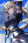  1girl absurdres ahoge armor black_ribbon black_thighhighs blue_eyes blue_sky braid breasts cloud commentary_request dress fate/apocrypha fate/grand_order fate_(series) flag floating_hair gauntlets grin hair_ribbon headpiece highres holding holding_flag jeanne_d'arc_(fate) jeanne_d'arc_(ruler)_(fate) long_hair looking_at_viewer medium_breasts outdoors plackart purple_dress ribbon sky smile solo thighhighs ushiroayu 