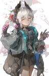  1girl absurdres amukeer arknights black_gloves black_jacket black_shirt black_shorts closed_eyes cowboy_shot dark-skinned_female dark_skin english_commentary extra_arms feather_hair flower gloves hands_up highres holding holding_flower jacket open_clothes open_jacket parted_lips pink_gloves pouch raidian_(arknights) shirt short_hair shorts smile solo turtleneck turtleneck_shirt two-tone_gloves v white_background white_hair 