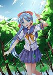  amemiya_ruki blue_hair bow cloud day hair_bow leaf long_hair looking_at_viewer nature open_mouth original outdoors pleated_skirt ponytail school_uniform short_sleeves skirt sky solo tree 