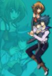  1girl bare_shoulders blue_hair boots breasts brown_hair detached_sleeves genderswap high_heel_boots high_heels highres johan_andersen obelisk_blue_uniform skirt slifer_red_uniform thighhighs yu-gi-oh! yuki_judai yuu-gi-ou_gx yuuki_juudai 