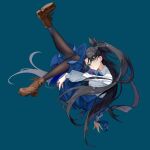  1girl absurdres alternate_costume alternate_eye_color back_bow black_hair black_pantyhose black_ribbon black_thighhighs blue_background blue_bow blue_skirt boots bow brown_boots fate/stay_night fate_(series) fenglansishui floating floating_hair green_eyes hair_ribbon highres long_hair long_skirt long_sleeves looking_at_viewer pantyhose ribbon shirt simple_background skirt solo thighhighs tohsaka_rin two_side_up white_shirt 