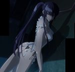  1girl apron ass blue_eyes busujima_saeko highres highschool_of_the_dead huge_ass naked_apron panties ponytail purple_hair screencap solo standing thong underwear 