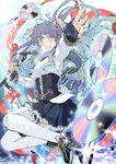  aka_ringo blue_eyes cd corset fingerless_gloves frilled_skirt frills gloves grey_hair hair_ornament long_hair long_sleeves microphone microphone_stand open_mouth original patterned reaching red_ribbon ribbon scarf shoes skirt smile sneakers solo thighhighs white_legwear 
