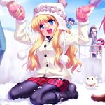  3girls :d air beanie black_legwear blonde_hair blush dog hat holding_hands kamio_misuzu kirishima_kano michiru_(air) mittens multiple_girls open_mouth pantyhose plaid plaid_skirt potato_(air) sitting skirt smile snow toono_minagi wariza zen 