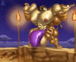  2025 abs alex_(madagascar) anthro barazoku big_muscles brown_mane bulge clothing cuffs_(clothing) digital_media_(artwork) dreamworks felid feline felis flexing glistening glistening_body half_naked hi_res huge_muscles hyper hyper_muscles lion madagascar_(series) male mammal mane muscular muscular_anthro muscular_male night nipples pantherine pecs plant pose praise presenting regnar smile solo star tail tan_body torch tree underwear 