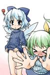 &gt;_&lt; :&lt; ? akou_roushi alternate_costume blue_eyes blue_hair bottomless censored child cirno closed_eyes convenient_censoring daiyousei green_hair groin multiple_girls naked_sweater navel ribbed_sweater shirt_lift sweater touhou wings 