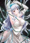  armpits bad_id bad_pixiv_id bdsm bondage bound breasts cleavage elbow_gloves entangled flower gloves hairband idolmaster idolmaster_(classic) large_breasts long_hair open_mouth plant red_eyes shijou_takane silver_hair solo thighhighs tied_up tsukimi_kirara vines white_gloves white_legwear 