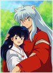  1girl :d animal_ears black_hair brown_eyes couple dog_ears hand_on_another's_head height_difference hetero higurashi_kagome hug inuyasha inuyasha_(character) japanese_clothes jewelry long_hair miko necklace official_style open_mouth pearl smile tennen_shiori tree yellow_eyes 