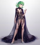  1girl absurdres ai-generated_art_(topic) breasts cape chronopattern_dress curly_hair dress full_body green_eyes green_hair high_heels highres one-punch_man simple_background small_breasts solo standing tatsumaki thejr 