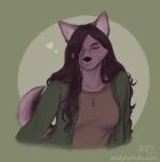 andyfurfulz anthro blush canid canine canis cardigan cass_(andyfurfulz) dimple domestic_dog english_text female hair heart_symbol hi_res jewelry long_hair mammal necklace nonbinary_(lore) portrait purple_body signature simple_background smile solo spitz text trans_(lore) trans_woman_(lore) url