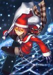  bag belt black_legwear brown_hair city_lights flying gloves goggles hat highres izumi_sai night original plaid plaid_scarf santa_costume santa_hat scarf sky sky_surfing skyboard smirk snowing solo surfing thighhighs yellow_eyes 