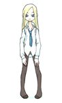  1girl blonde_hair blue_eyes cartoon_network dc_comics dice_k00 dress_shirt full_body legwear necktie pantyhose shirt simple_background smile solo standing stockings teen_titans terra_(dc) thighhighs tie white_background 