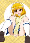  argyle argyle_background ass bakutendou blonde_hair blush cardigan covering covering_crotch embarrassed hairband kise_yayoi legs loafers looking_at_viewer miniskirt nanairogaoka_middle_school_uniform necktie precure saliva school_uniform shoes sitting skirt smile_precure! socks solo spread_legs v white_hairband yellow yellow_background 
