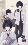  ... 1boy alternate_costume arm_on_table arm_rest black_cat black_hair black_jacket black_necktie black_pants breast_pocket cat chair closed_mouth collared_shirt contemporary desk door earrings genshin_impact hand_in_pocket hand_up head_rest highres holding holding_jacket holding_unworn_clothes jacket jewelry korean_text long_sleeves looking_at_viewer looking_back male_focus mitsudomoe_(shape) multicolored_hair multiple_views necktie pants parted_bangs parted_lips plaid_clothes plaid_necktie pocket purple_eyes purple_hair scaramouche_(cat)_(genshin_impact) scaramouche_(genshin_impact) school_desk school_uniform shirt sitting solo spoken_ellipsis squiggle streaked_hair talking_ok tomoe_(symbol) torii unworn_jacket white_shirt white_sleeves wooden_chair 