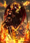  5girls bat_wings black_gloves black_legwear demon demon_boy elbow_gloves enja_(sound_horizon) facial_mark fire gloves highres hood horns layla_(sound_horizon) long_hair multicolored_hair multiple_boys multiple_girls puffy_sleeves red_eyes red_hair saranda seisen_no_iberia shaytan_(sound_horizon) sound_horizon staff thighhighs trin tsadi twintails weed_(astarone) wings zettai_ryouiki 