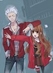  1girl archer brown_eyes brown_hair casual fate/extra fate_(series) height_difference jewelry kishinami_hakuno_(female) long_hair necklace one_eye_closed tyoyaume white_hair 