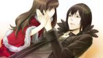  1boy 1girl black_eyes black_hair black_jacket boots capelet dying eyeliner fur-trimmed_capelet fur_trim game_cg hand_on_another&#039;s_cheek hand_on_another&#039;s_face highres jacket knee_boots kurenaino_aria kusakabe_kiryuu leather leather_jacket long_hair makeup non-web_source occultic;nine official_art open_mouth pako_(pakosun) red_boots red_capelet sad sad_smile science_adventure 