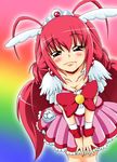  aki_(yuzuriha) blush bow breasts choker cleavage cure_happy eyelashes head_wings hoshizora_miyuki leaning_forward long_hair magical_girl medium_breasts pink_choker pink_hair pink_skirt precure rainbow_background red_bow red_eyes ribbon skirt smile smile_precure! solo tiara wrist_cuffs 