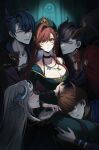  1girl 4boys absurdres armor artem_wing_(tears_of_themis) belt_collar black_collar black_hair black_horns black_nails black_shirt blue_cape blue_eyes blue_horns blush braid breasts bridal_gauntlets brown_hair brown_horns butterfly_necklace cape church clawed_gauntlets cleavage collar crying crying_with_eyes_open demon_horns dragon_horns dragon_wings dress earrings feet_out_of_frame flower frown glowing glowing_eyes green_dress grey_jacket hair_between_eyes hair_flower hair_ornament hair_ribbon hand_on_another&#039;s_thigh hand_on_own_chest headwear_request highres holding_hands horns hug indoors jacket jewelry lap_pillow long_hair long_sleeves looking_at_another looking_at_viewer luke_pearce_(tears_of_themis) male_harem mandarin_collar marius_von_hagen_(tears_of_themis) material_growth medieval multiple_boys multiple_necklaces nail_polish nervous open_collar parted_bangs parted_lips pendant purple_cape purple_eyes red_cape ribbon ribbon_braid rope_necklace rosa_(tears_of_themis) shirt short_hair shoulder_armor side_braid side_part single_hair_intake sitting smile sugarcanedove swept_bangs tears tears_of_themis upper_body vyn_richter_(tears_of_themis) white_hair white_shirt wings yellow_eyes yellow_ribbon 