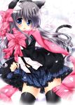  animal_ears black_legwear blue_eyes bow cat_ears cat_tail checkered checkered_skirt fang hair_bow hair_ribbon jacket long_hair navel ooji_cha open_clothes open_jacket open_mouth original ribbon scarf shirt silver_hair skirt skirt_lift solo tail tears thighhighs 