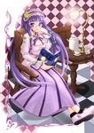  alternate_hairstyle bad_id bad_pixiv_id bespectacled book breasts chair checkered checkered_floor cleavage cleavage_cutout crescent cup fujishima_shinnosuke glasses hairband heart lamp long_hair maid_headdress medium_breasts no_hat no_headwear patchouli_knowledge purple_eyes purple_hair reading sitting solo table teacup teapot touhou very_long_hair 