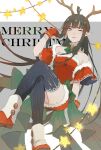  1girl ahoge alternate_costume antlers aotu_world bare_shoulders bell black_hair black_thighhighs blue_eyes blunt_bangs boots bow bowtie breasts brown_hair cape christmas closed_mouth crossed_legs dress english_commentary english_text fake_antlers feixuxu fur-trimmed_boots fur-trimmed_cape fur-trimmed_dress fur_trim gloves green_bow green_bowtie hairband hand_in_own_hair hand_up highres horns invisible_chair jingle_bell kaili_(aotu_world) long_hair looking_at_viewer merry_christmas neck_bell one_eye_closed pointy_ears red_boots red_cape red_dress red_gloves reindeer_antlers santa_costume sidelocks sitting smile solo star_(symbol) strapless strapless_dress string striped_clothes striped_thighhighs thighhighs vertical-striped_clothes vertical-striped_thighhighs very_long_hair 