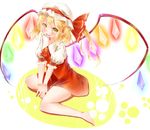  ascot bare_legs barefoot blonde_hair flandre_scarlet hat highres kurean open_mouth short_hair sitting solo touhou v_arms wariza wings yellow_eyes 