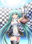  aqua_eyes aqua_hair bare_shoulders checkered elbow_gloves gloves goodsmile_company goodsmile_racing hatsune_miku long_hair race_queen racing_miku racing_miku_(2011) skirt smile solo takitsume_shino thighhighs trophy twintails very_long_hair vocaloid 