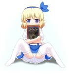  alice_margatroid alice_margatroid_(pc-98) blonde_hair blue_eyes blue_hairband book book_hug dress garter_straps hair_ribbon hairband holding holding_book magic_circle ogi_(oginagirest) panties ribbon short_hair sitting solo spread_legs thighhighs touhou touhou_(pc-98) underwear white_legwear white_panties 