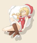 bare_shoulders blonde_hair blush boots braid capelet character_request christmas copyright_request embarrassed hat long_hair mukunoki_nanatsu open_mouth red_capelet sack santa_costume santa_hat shadow simple_background sketch sleeveless solo sweatdrop wavy_mouth yellow_eyes 