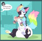 ambiguous_gender band-aid band-aid_on_face band-aid_on_leg band-aid_on_nose bandage bandage_on_face bandage_on_nose birthday_cake black_body black_fur black_hair blue_pawpads blush blush_stickers border bracelet bubblepuppers cake canid canine canis clean_diaper clothed clothing collar cutaway cute_fangs dessert dialogue diaper domestic_cat domestic_dog dotted_background ear_barbell ear_piercing eating eating_cake eating_food english_text expression_cutaway fangs felid feline felis feral food full-length_portrait fur green_border grey_body grey_fur hair heterochromia hi_res jewelry joel_(sanicgamer1999) mammal multicolored_body multicolored_fur multicolored_hair multicolored_tail offscreen_character open_mouth pacifier pattern_background pawpads piercing pink_inner_ear pink_nose pink_pawpads portrait purple_pawpads rainbow_body rainbow_collar rainbow_fur rainbow_hair rainbow_tail simple_background sitting solo sparklefur speech_bubble spiked_bracelet spikes starbit_(jupiters) sticker stickers_on_body striped_body striped_fur stripes tail teeth text three-quarter_view tongue tongue_out wearing_diaper whisker_spots white_body white_diaper white_fur yellow_pawpads
