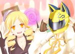  animal_helmet blonde_hair breasts celty_sturluson cosplay costume_switch crossover drill_hair durarara!! fingerless_gloves gloves hat headswap helmet large_breasts mahou_shoujo_madoka_magica multiple_girls murasaki_gin'ya open_mouth orange_eyes ribbon spoilers teeth tomoe_mami twintails witch's_labyrinth 