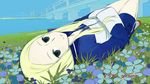  arakawa_under_the_bridge blonde_hair blue_eyes bridge dutch_angle end_card flower hands_in_pockets highres jacket long_hair looking_at_viewer lying nino_(arakawa) okama on_back river screencap shorts solo track_jacket upside-down water 