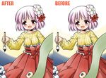  akou_roushi before_and_after blush bow breasts calligraphy_brush flower hair_ornament hieda_no_akyuu looking_at_viewer medium_breasts obi open_mouth paintbrush purple_eyes purple_hair ribbed_sweater sash scroll smile solo sweater tareme touhou 
