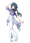  1girl ahoge armpit_crease boots bracelet commentary_request cropped_jacket gakuen_idolmaster green_eyes green_hair highres idolmaster jacket jewelry long_hair long_sleeves midriff_peek nail_polish open_hands pants purple_jacket reikakrzk simple_background single_sleeve solo tsukimura_temari white_background white_boots white_pants 