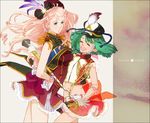  bad_id bad_pixiv_id band_uniform blonde_hair blue_eyes blush flower green_hair hat kurage long_hair macross macross_frontier majorette marching_band_baton midriff multiple_girls navel open_mouth ranka_lee shako_cap sheryl_nome short_hair skirt smile uniform 