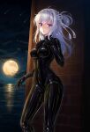  1girl alternate_costume black_bodysuit bodysuit breasts clothes_writing cloud full_moon grey_eyes grey_hair hachimaki hair_between_eyes headband highres impossible_bodysuit impossible_clothes kantai_collection latex latex_bodysuit long_hair medium_breasts moon night one_side_up outdoors riretsuto skin_tight solo standing suzutsuki_(kancolle) white_headband 
