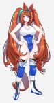  1girl absurdres acaa animal_ears boots breasts cleavage_cutout closed_mouth clothing_cutout commission daiwa_scarlet_(umamusume) full_body grey_background highleg highleg_leotard highres horse_ears horse_girl horse_tail lace-up_boots large_breasts leotard long_hair looking_at_viewer pixiv_commission red_eyes red_hair simple_background smile solo standing tail thighhighs umamusume very_long_hair wrestling 