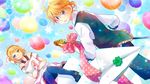  1girl bad_id bad_pixiv_id balloon blonde_hair blue_eyes bow brother_and_sister dutch_angle flower hair_flower hair_ornament hair_ribbon hairclip kagamine_len kagamine_rin microphone microphone_stand ribbon ryou_(fallxalice) short_hair siblings sitting smile sparkle twins vocaloid 
