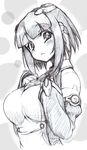  1girl aouma bad_id bad_pixiv_id bangs blunt_bangs blush breasts detached_sleeves dream_c_club dream_c_club_(series) face graphite_(medium) highres ili_(dream_c_club) large_breasts mixed_media monochrome robot_ears robot_joints short_hair solo symbol-shaped_pupils traditional_media 