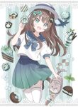  1girl :d animal animal_ear_fluff animal_ears black_shoes blue_sailor_collar blue_skirt blush bow brown_hair cake cake_slice cat cat_ears cat_girl cat_hair_ornament cat_tail checkerboard_cookie commentary_request cookie donut fang food green_bow green_eyes hair_bow hair_ornament hairclip hand_up hat head_tilt highres holding holding_food long_hair looking_at_viewer macaron mint_chocolate original parfait pleated_skirt polka_dot polka_dot_bow puffy_short_sleeves puffy_sleeves sailor_collar school_uniform serafuku shirt shoes short_sleeves skirt smile solo tail tantan_men_(dragon) thighhighs white_hat white_shirt white_thighhighs 